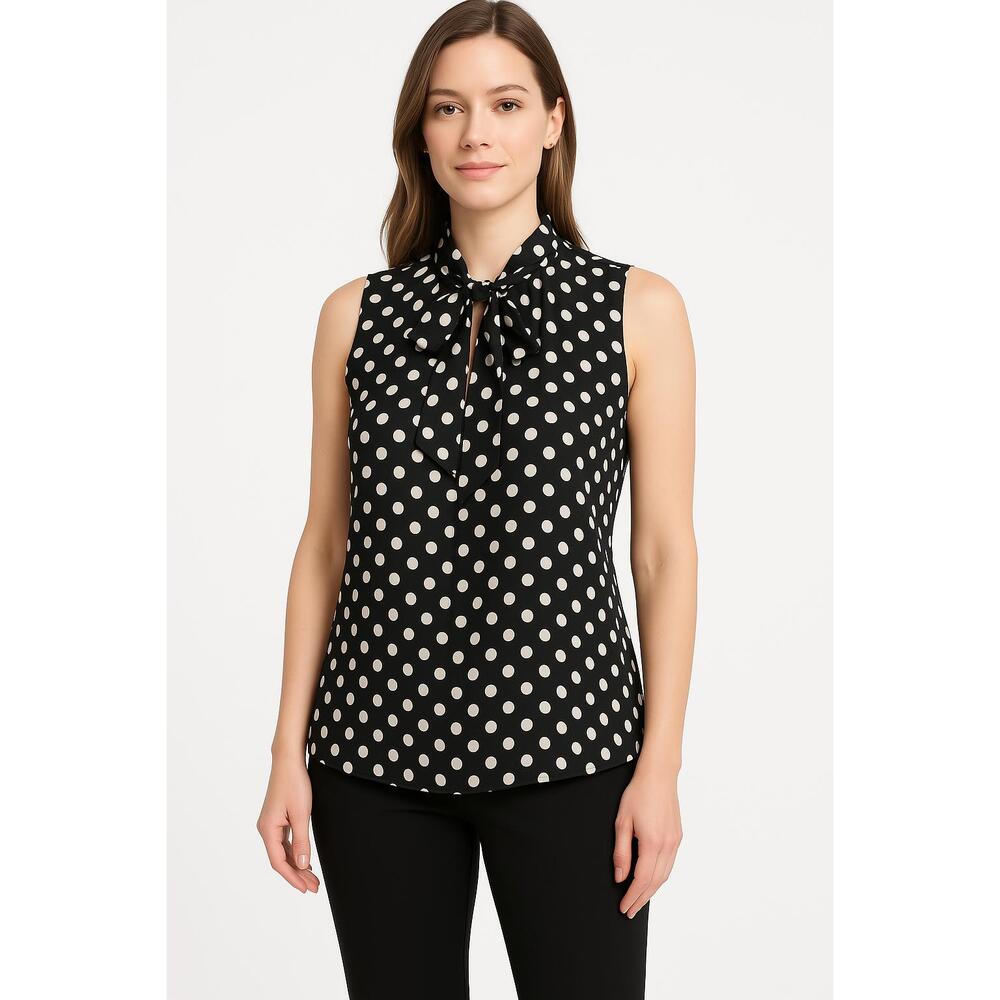 New York & Company Blouse Women Size XL Black White Sleeveless TieNeck Polka Dot